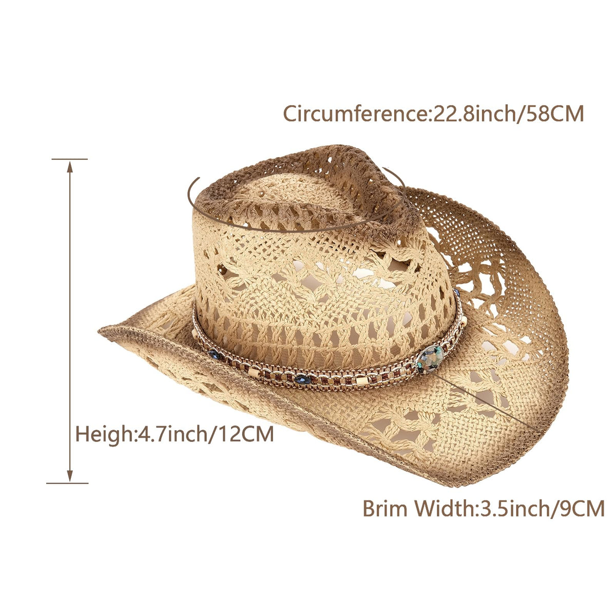 Energy Crystal | Men's Women's Cowboy Hat Cowgirl Straw Sun Hat W/ 2 Decor Bands | Brown - Foeran