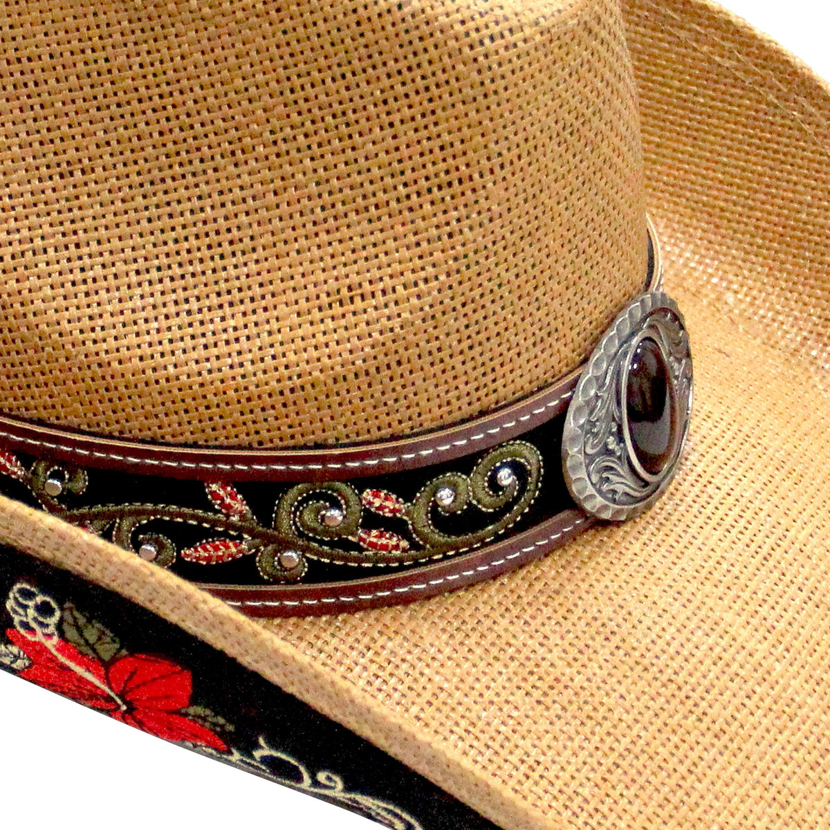 Cowboy Hat For Women Men Straw Cowgirl Hat W/ Faux Leather Embroideries | Nature - Foeran