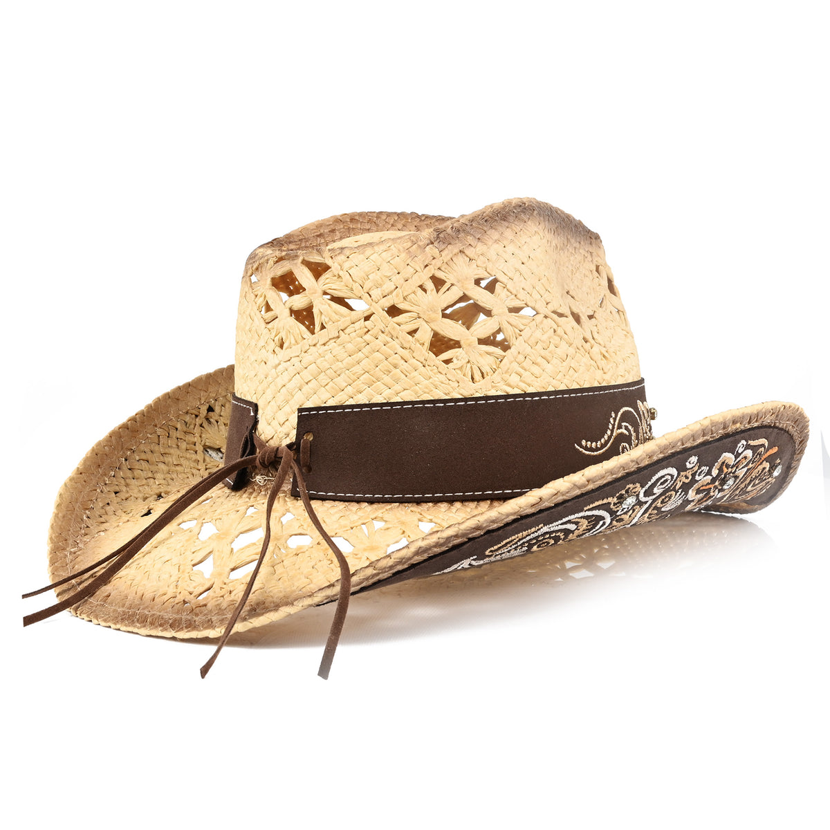 Men's & Women's Cowboy Hat Classic Cowgirl Hat With Embroidered Designs | Beige - Foeran