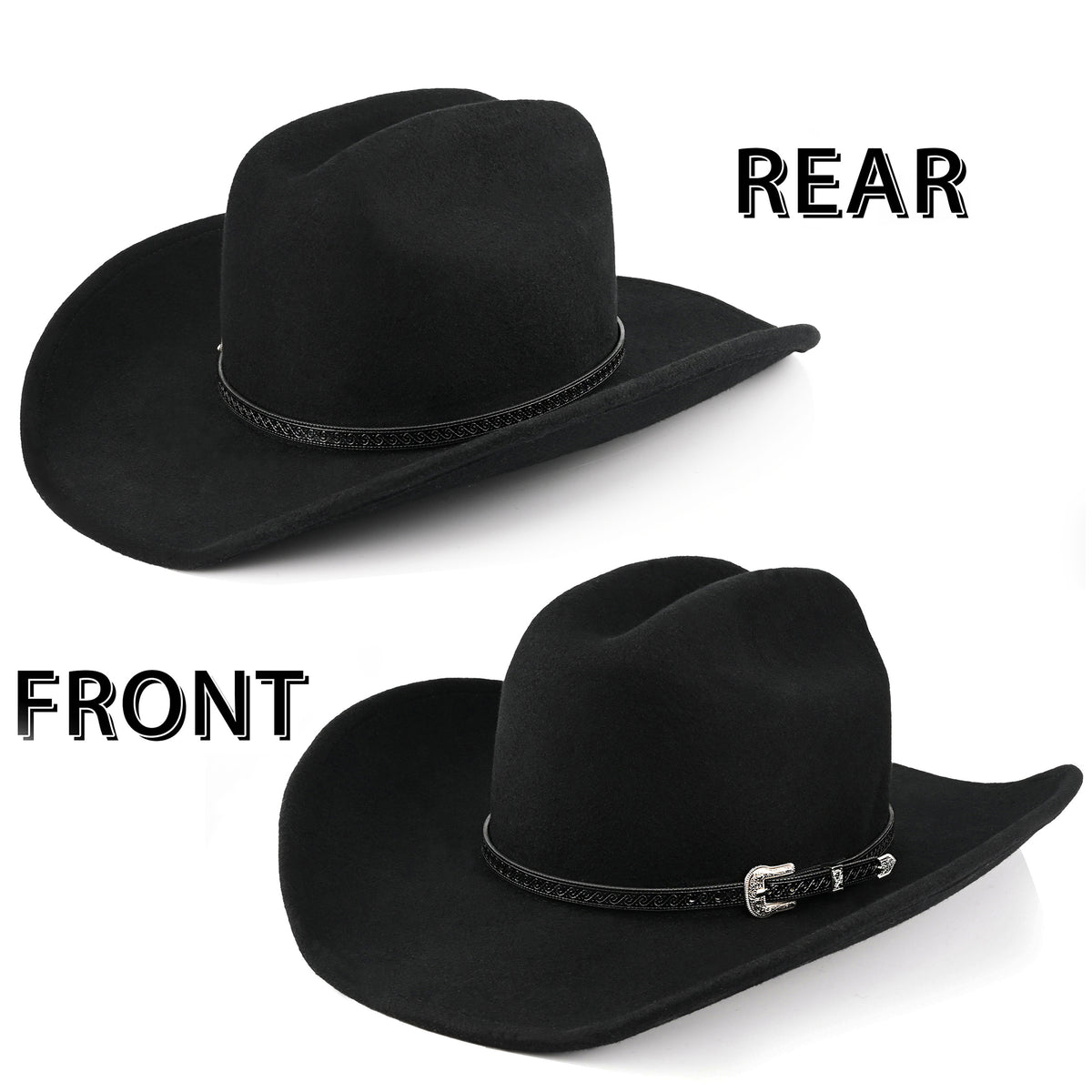 100% Wool - Felt Cowboy Hat for Men Women Classic Western Cowgirl Hat Country Hat with Two Decorative Bands | Black - Foeran