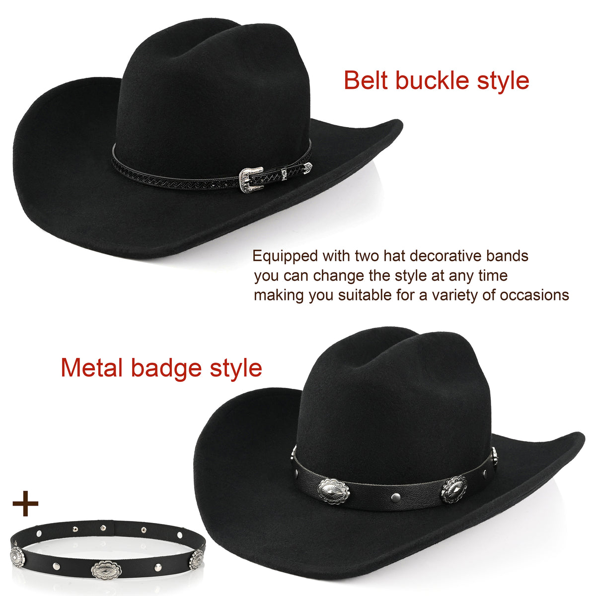 100% Wool - Felt Cowboy Hat for Men Women Classic Western Cowgirl Hat Country Hat with Two Decorative Bands | Black - Foeran