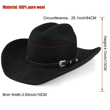 100% Wool - Felt Cowboy Hat for Men Women Classic Western Cowgirl Hat Country Hat with Two Decorative Bands | Black - Foeran