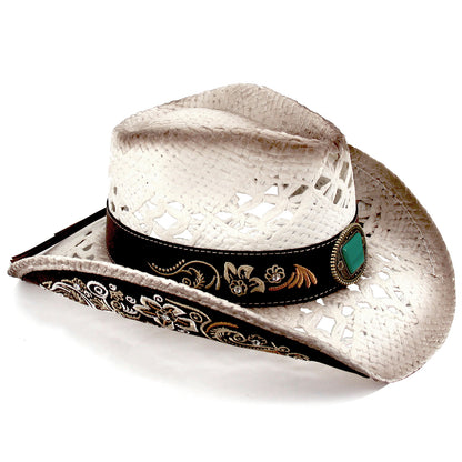 Men's & Women's Cowboy Hat Classic Cowgirl Hat With Embroidered Designs | White - Foeran