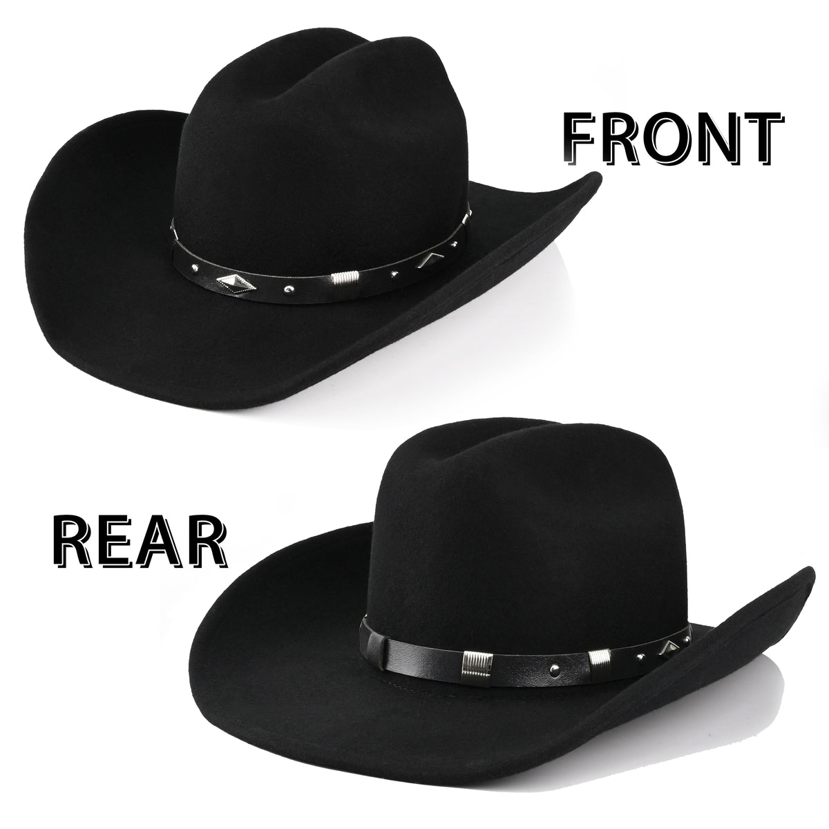 100% Wool - Men's Women's Felt Cowboy Hat Western Cowgirl Hat Country Hat with 2 Decorative Bands | Black - Foeran