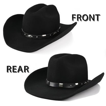 100% Wool - Men's Women's Felt Cowboy Hat Western Cowgirl Hat Country Hat with 2 Decorative Bands | Black - Foeran