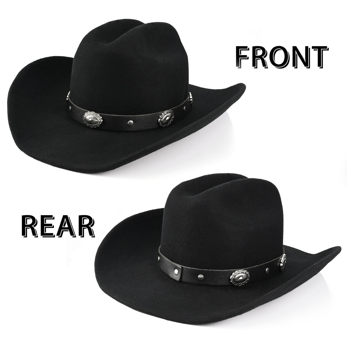 100% Wool - Classic Cowboy Hat for Men Women Felt Western Cowgirl Hat Country Hat with 2 Decorative Bands | Black - Foeran