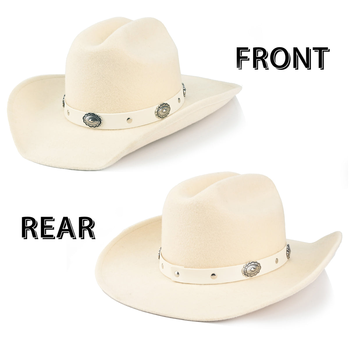 100% Wool - Men's Women's Felt Cowboy Hat Western Cowgirl Hat Country Hat with 2 Decorative Bands | White - Foeran