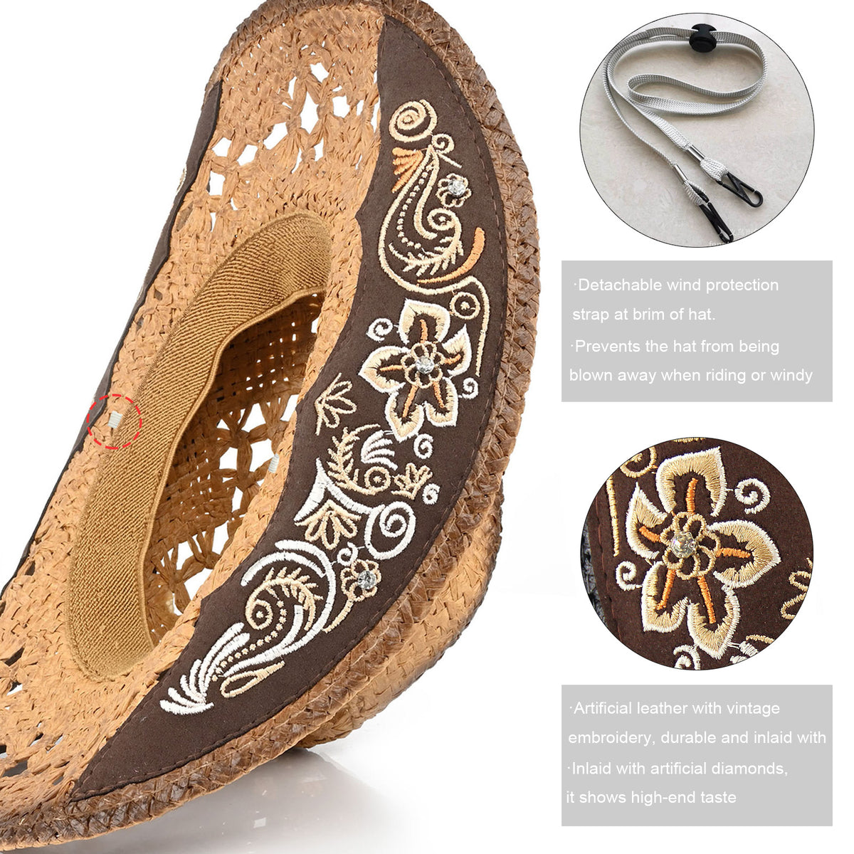 Men's & Women's Cowboy Hat Classic Cowgirl Hat With Embroidered Designs | Brown - Foeran