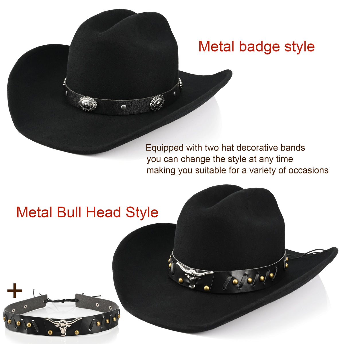 100% Wool - Classic Cowboy Hat for Men Women Felt Western Cowgirl Hat Country Hat with 2 Decorative Bands | Black - Foeran