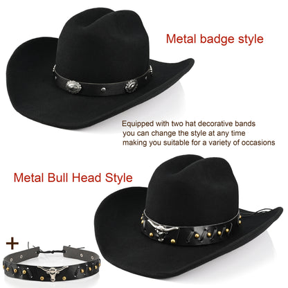 100% Wool - Classic Cowboy Hat for Men Women Felt Western Cowgirl Hat Country Hat with 2 Decorative Bands | Black - Foeran