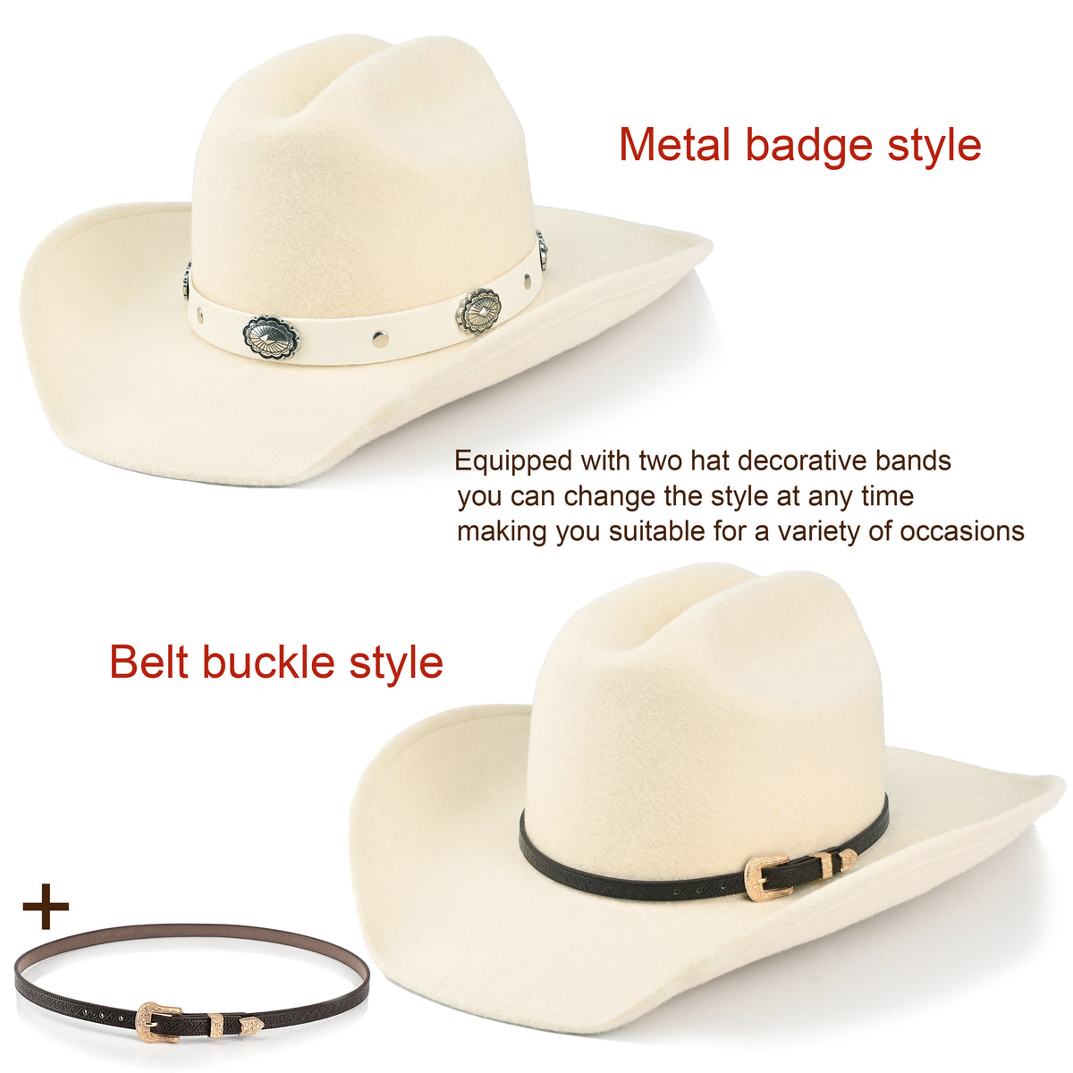 100% Wool - Men's Women's Felt Cowboy Hat Western Cowgirl Hat Country Hat with 2 Decorative Bands | White - Foeran