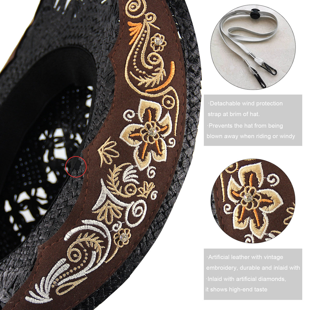 Men's & Women's Cowboy Hat Classic Cowgirl Hat With Embroidered Designs | Black - Foeran