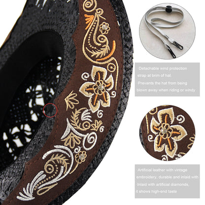 Men's & Women's Cowboy Hat Classic Cowgirl Hat With Embroidered Designs | Black - Foeran