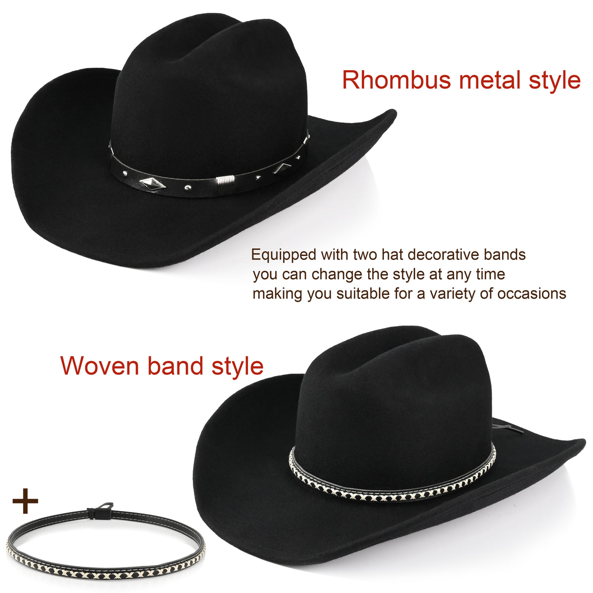 100% Wool - Men's Women's Felt Cowboy Hat Western Cowgirl Hat Country Hat with 2 Decorative Bands | Black - Foeran