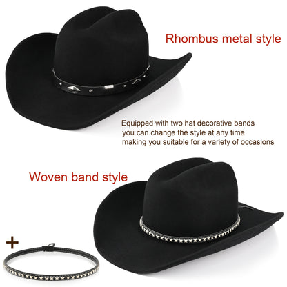 100% Wool - Men's Women's Felt Cowboy Hat Western Cowgirl Hat Country Hat with 2 Decorative Bands | Black - Foeran