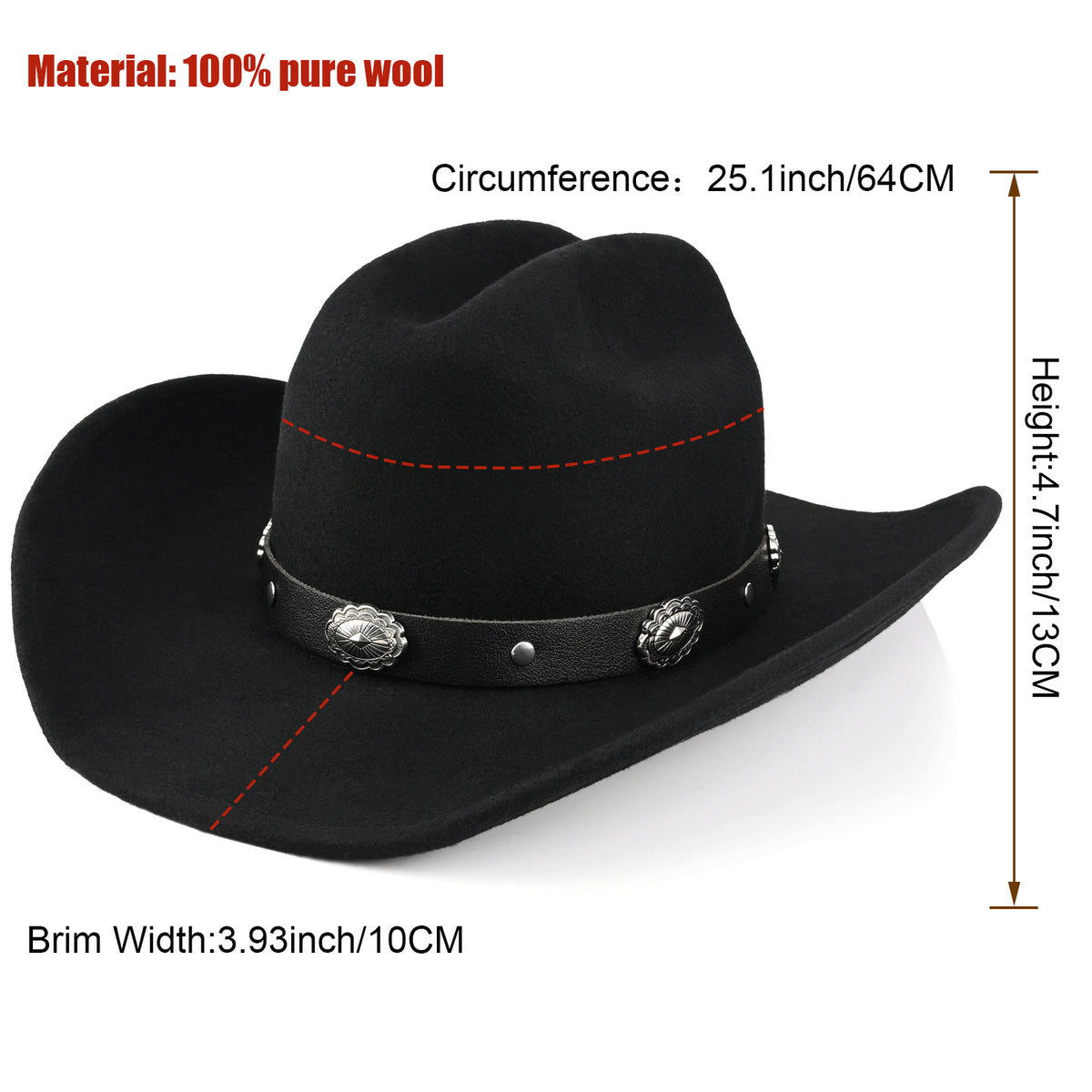 100% Wool - Classic Cowboy Hat for Men Women Felt Western Cowgirl Hat Country Hat with 2 Decorative Bands | Black - Foeran