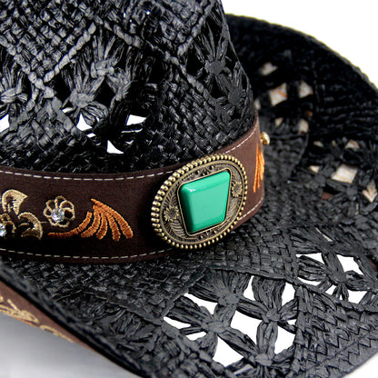 Men's & Women's Cowboy Hat Classic Cowgirl Hat With Embroidered Designs | Black - Foeran
