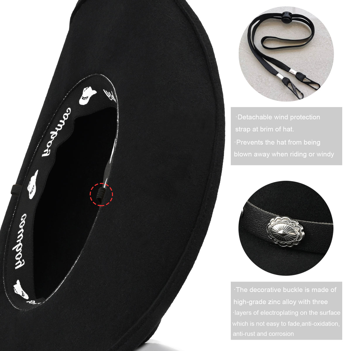 100% Wool - Classic Cowboy Hat for Men Women Felt Western Cowgirl Hat Country Hat with 2 Decorative Bands | Black - Foeran