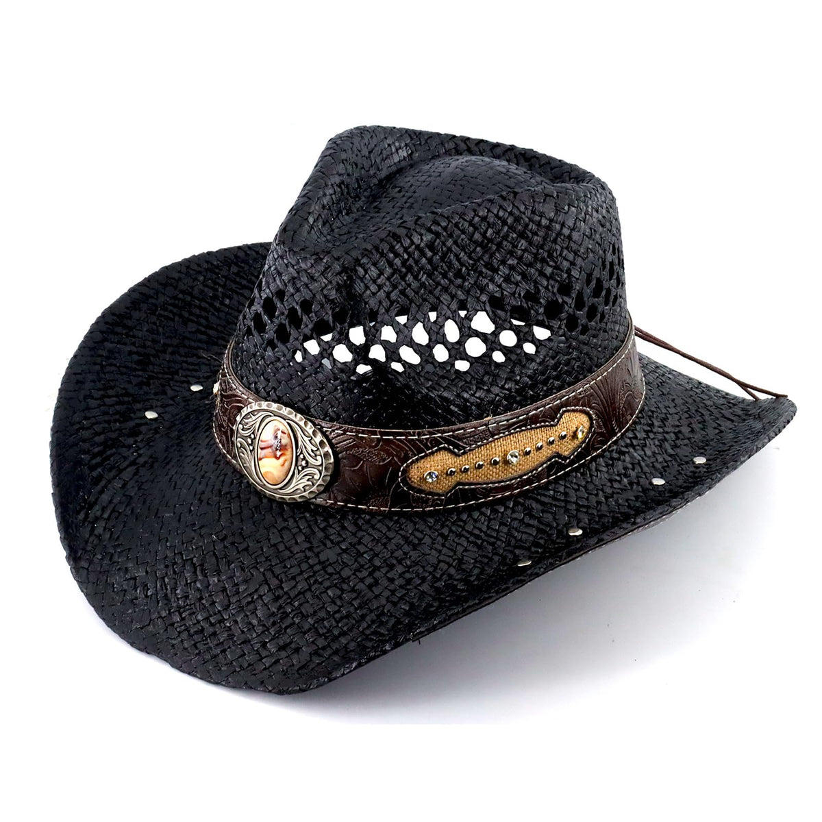 Retro-Minimalist | Cowboy & Cowgirl Hat | Men's Women's Straw Sun Hat | Black - Foeran