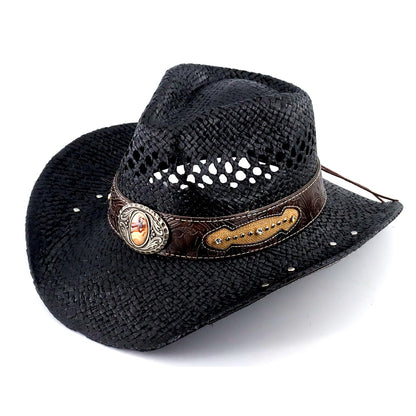 Retro-Minimalist | Cowboy & Cowgirl Hat | Men's Women's Straw Sun Hat | Black - Foeran
