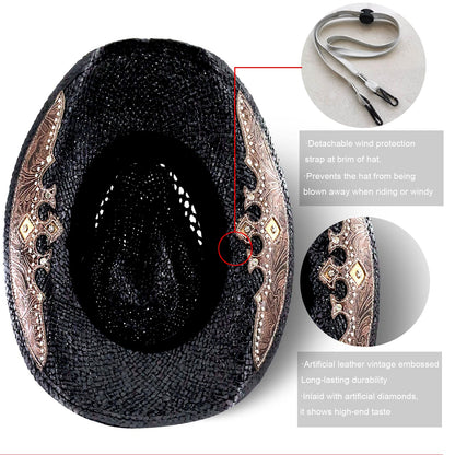 Retro-Minimalist | Cowboy & Cowgirl Hat | Men's Women's Straw Sun Hat | Black - Foeran