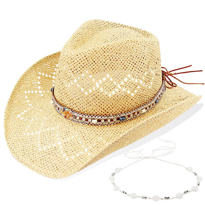 Energy Crystal | Western Cowboy Hat Cowgirl Hat Sun Hat With 2 Decor Bands | Beige - Foeran