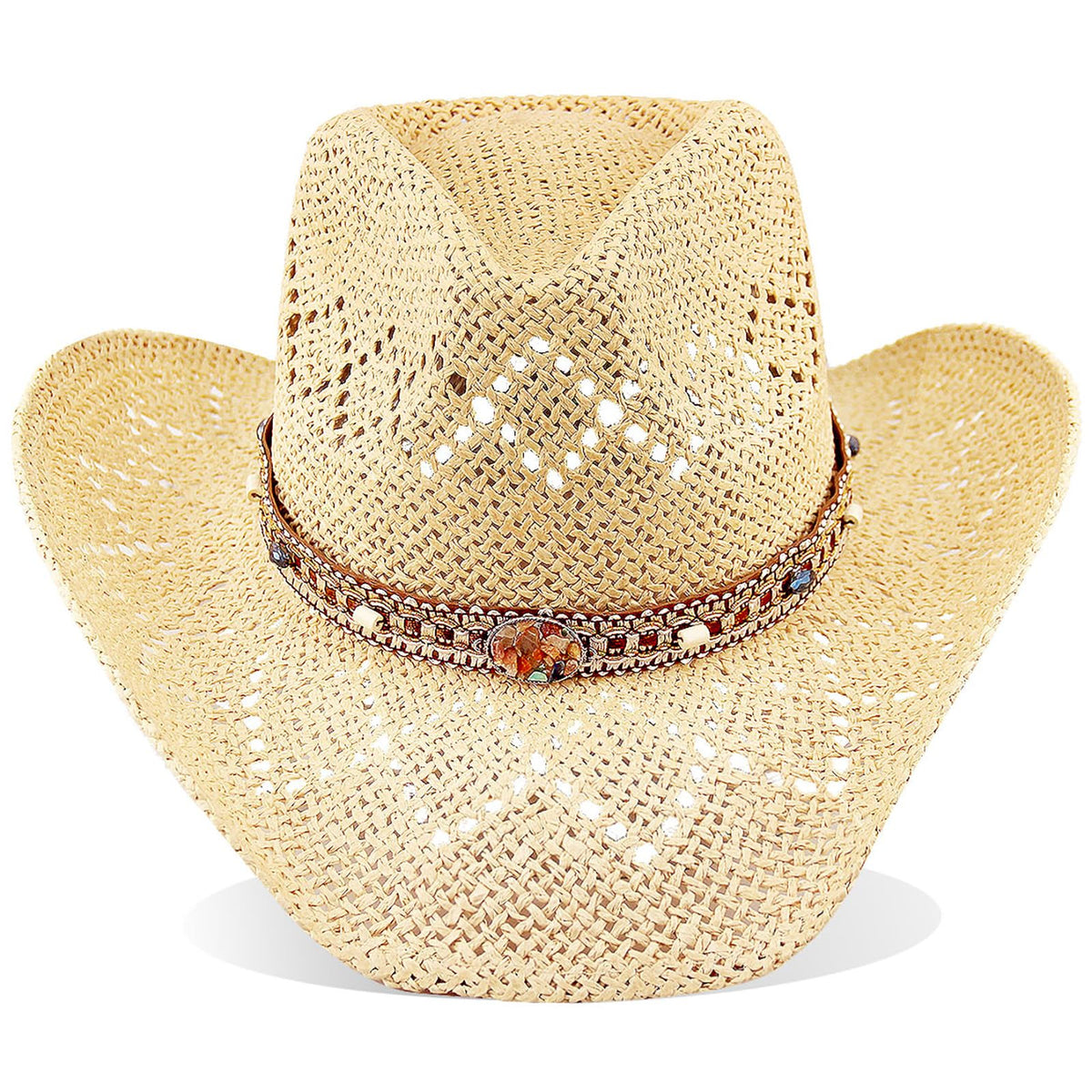 Energy Crystal | Western Cowboy Hat Cowgirl Hat Sun Hat With 2 Decor Bands | Beige - Foeran