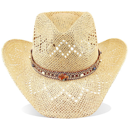 Energy Crystal | Western Cowboy Hat Cowgirl Hat Sun Hat With 2 Decor Bands | Beige - Foeran