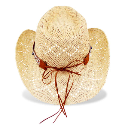 Energy Crystal | Western Cowboy Hat Cowgirl Hat Sun Hat With 2 Decor Bands | Beige - Foeran
