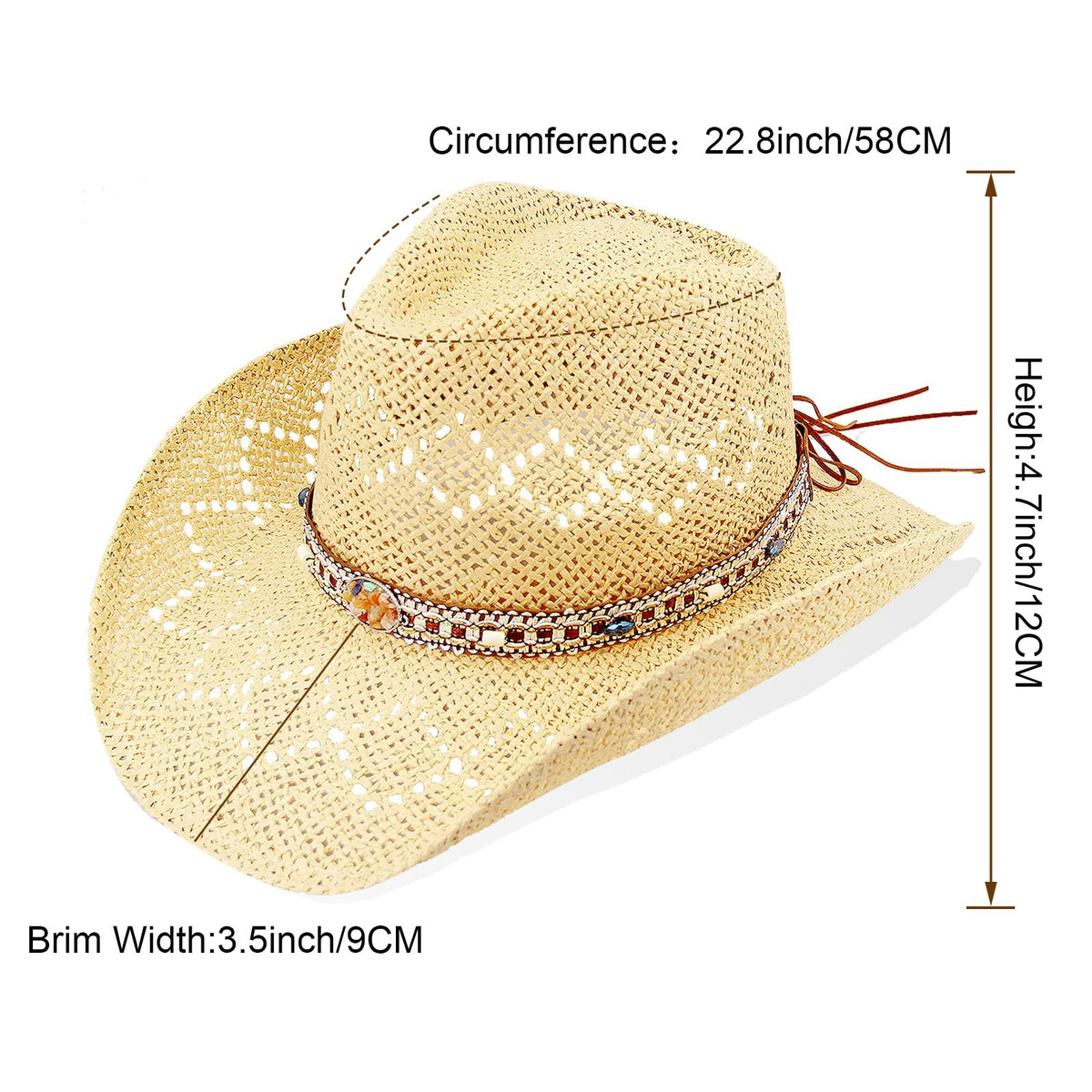 Energy Crystal | Western Cowboy Hat Cowgirl Hat Sun Hat With 2 Decor Bands | Beige - Foeran
