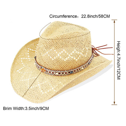 Energy Crystal | Western Cowboy Hat Cowgirl Hat Sun Hat With 2 Decor Bands | Beige - Foeran