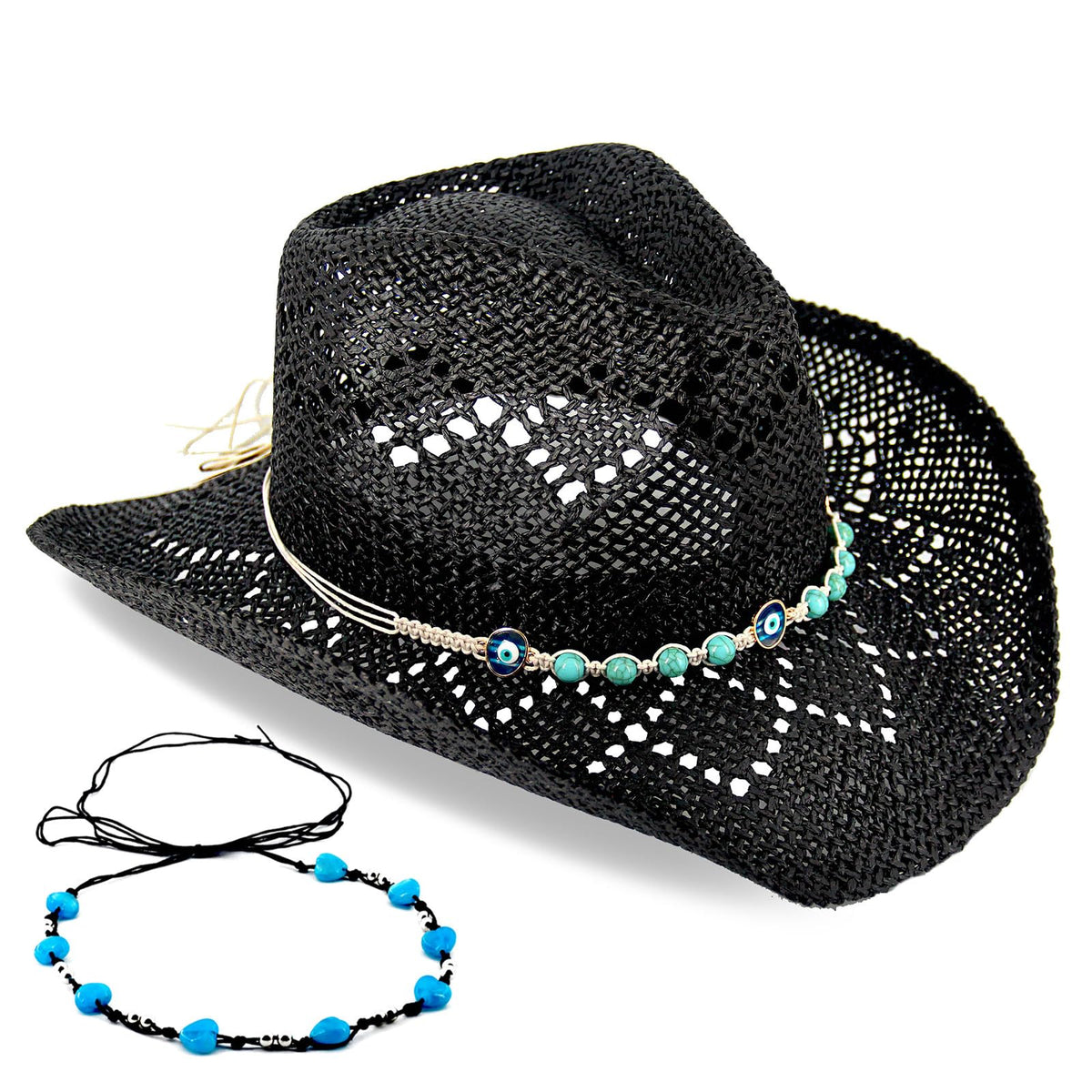 Devil's Eyes | Western Cowgirl Cowboy Hat For Women Men Ladies Sun Hat - 2 Removable Bands | Black - Foeran