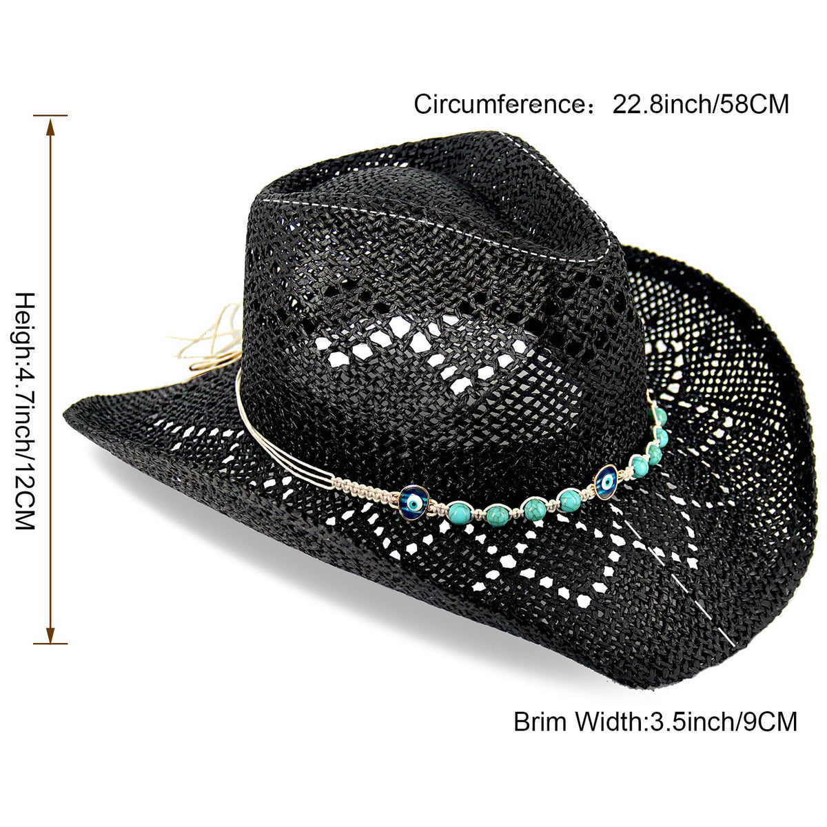 Devil's Eyes | Western Cowgirl Cowboy Hat For Women Men Ladies Sun Hat - 2 Removable Bands | Black - Foeran