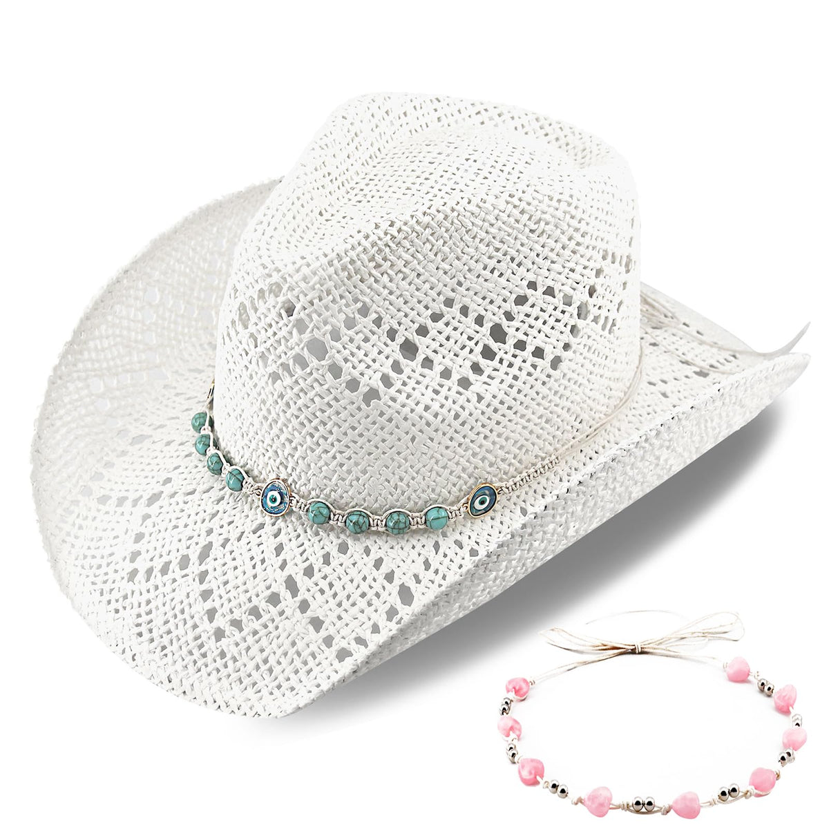 Devil's Eyes | Western Cowgirl Cowboy Hat For Women Men Ladies Sun Hat - 2 Removable Bands | White - Foeran