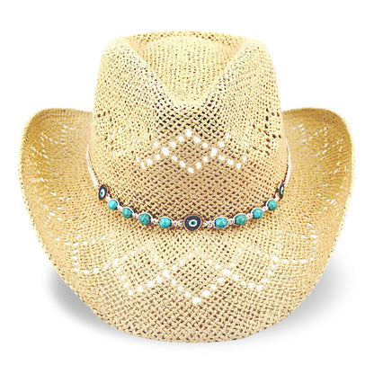 Devil's Eyes | Western Cowgirl Cowboy Hat For Women Men Ladies Sun Hat - 2 Removable Bands | Beige - Foeran