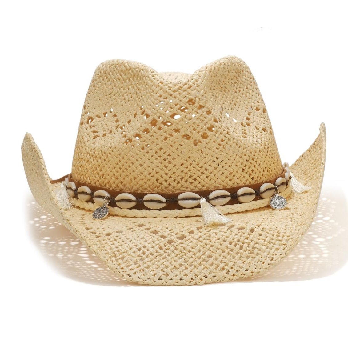 Beach Shell | Western Cowboy Hat For Women Men Cowgirl Hat Straw Country Hat Sun Hat | With Feather - Foeran