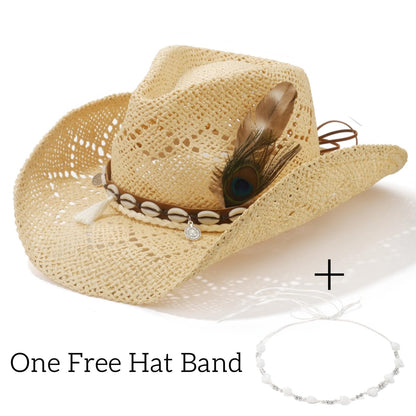 Beach Shell | Western Cowboy Hat For Women Men Cowgirl Hat Straw Country Hat Sun Hat | With Feather - Foeran