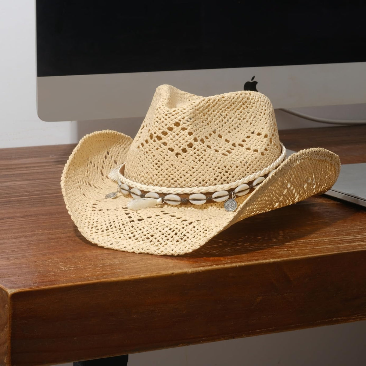 Beach Shell | Western Cowboy Hat For Women Men Cowgirl Hat Straw Country Hat Sun Hat | With Feather - Foeran