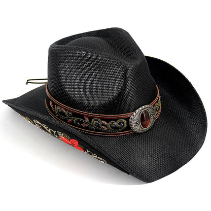 Cowboy Hat For Women Men Straw Cowgirl Hat W/ Faux Leather Embroideries | Black - Foeran