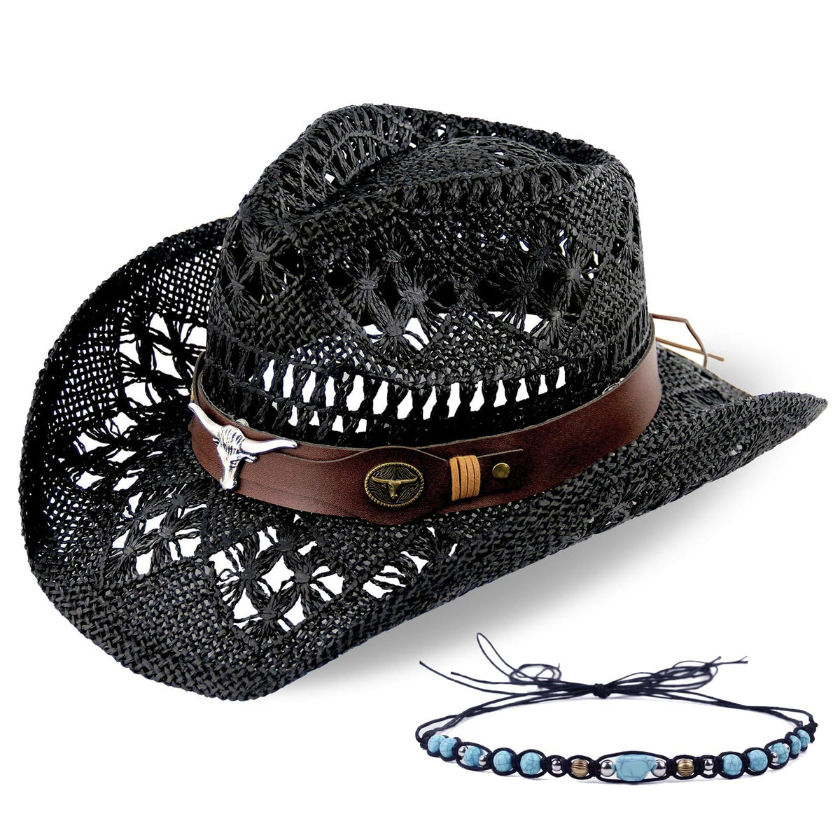 Men's Women's Straw Cowboy Hat Cowgirl Woven Sun Hat Country Hat | Black - Foeran