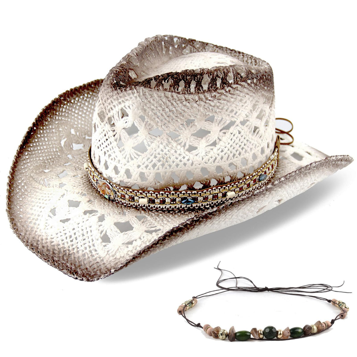Energy Crystal | Men's Women's Straw Cowboy Hat Cowgirl Woven Sun Hat W/ 2 Decorative Bands | White - Foeran