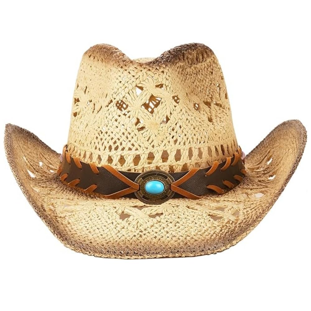 Peacock Blue | Western Cowboy Hat Unique Cowgirl Hat Straw Sun Hat Country Hat | With Feather - Foeran