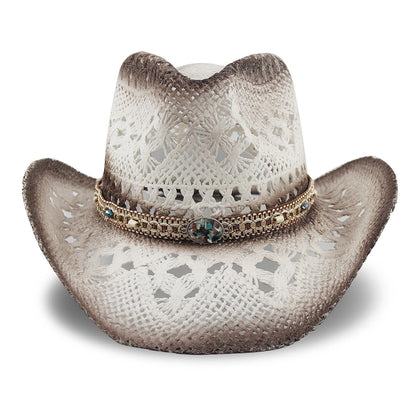 Energy Crystal | Men's Women's Straw Cowboy Hat Cowgirl Woven Sun Hat W/ 2 Decorative Bands | White - Foeran