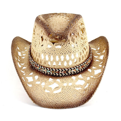 Woven Belt | Western Cowboy Hat For Women Men Cowgirl Hat Straw Country Hat Sun Hat | With Feather - Foeran