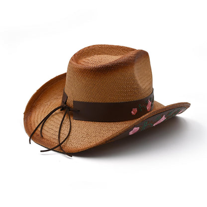 Victorian Style | Straw Cowboy & Cowgirl Hat Western Country Hat WIth Embroidered Leather Decor Band | Brown - Foeran