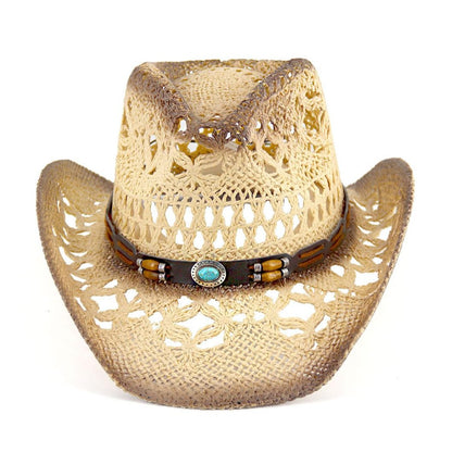 Turquoise Belt | Western Cowboy Hat Unique Cowgirl Hat Straw Sun Hat Country Hat | With Feather - Foeran
