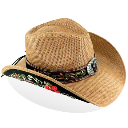 Cowboy Hat For Women Men Straw Cowgirl Hat W/ Faux Leather Embroideries | Nature - Foeran