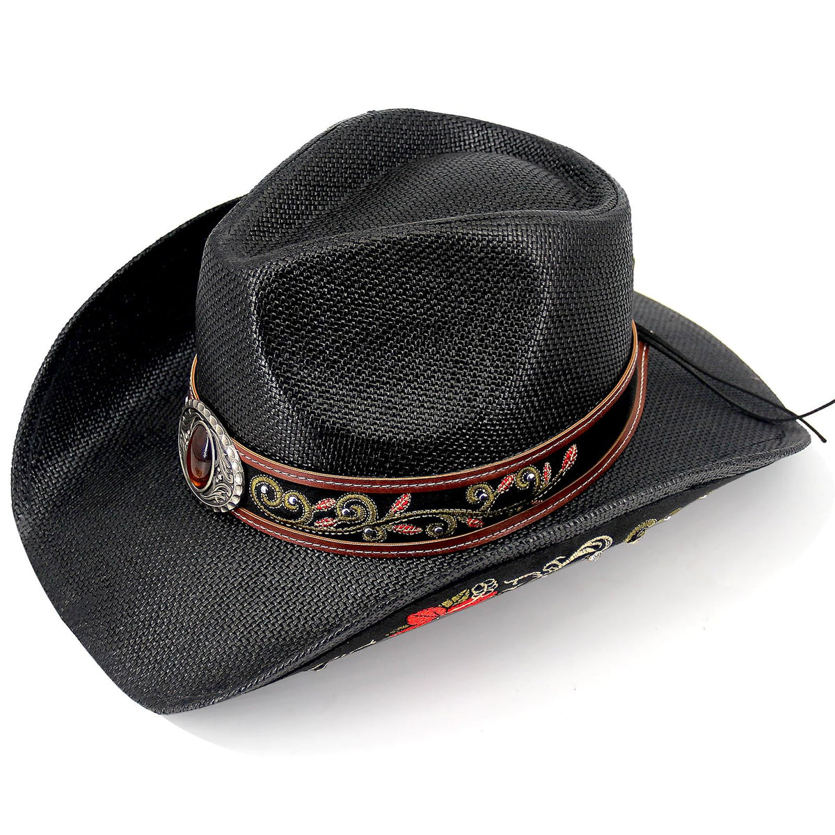 Cowboy Hat For Women Men Straw Cowgirl Hat W/ Faux Leather Embroideries | Black - Foeran