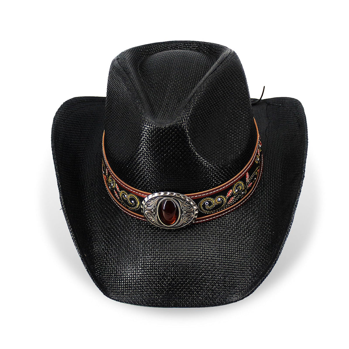 Cowboy Hat For Women Men Straw Cowgirl Hat W/ Faux Leather Embroideries | Black - Foeran