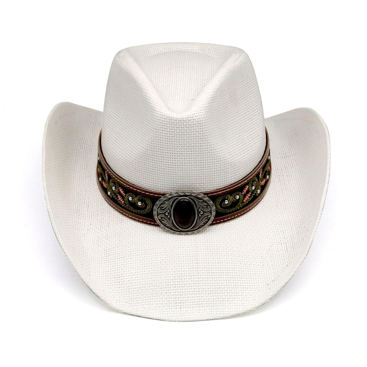 Cowboy Hat For Women Men Straw Cowgirl Hat W/ Faux Leather Embroideries | White - Foeran